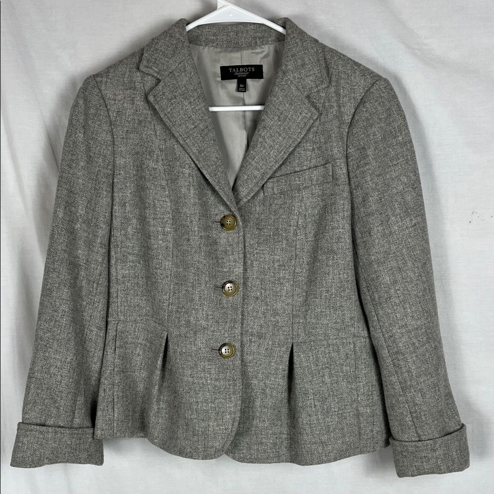 Talbots Gray Wool Pleated Button Up Blazer